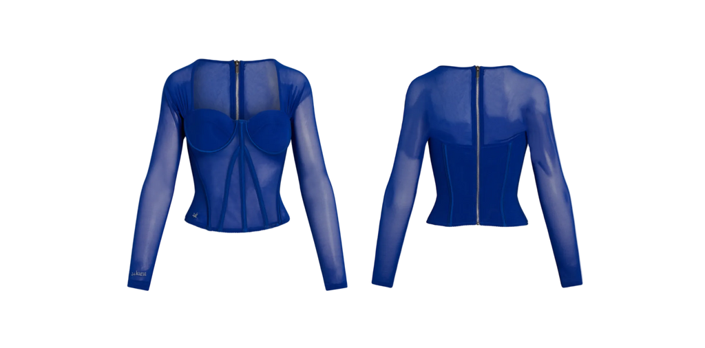 A royal blue sheer mesh long-sleeve top shown from both front and back views on a white background.